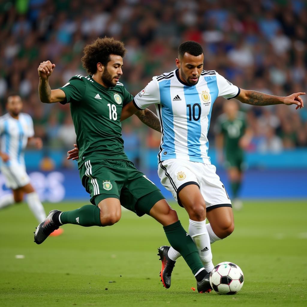 Cầu thủ hai đội Argentina và Saudi Arabia trong một pha tranh chấp tại World Cup 2022