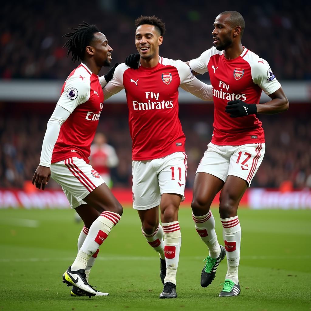 Bộ ba tấn công Aubameyang, Lacazette và Pepe ăn mừng bàn thắng