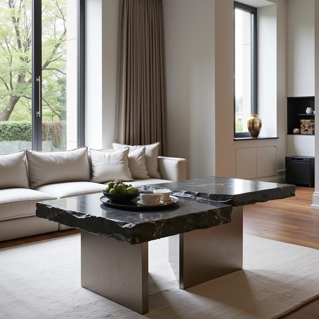 Double-sided stone coffee table with metal frame