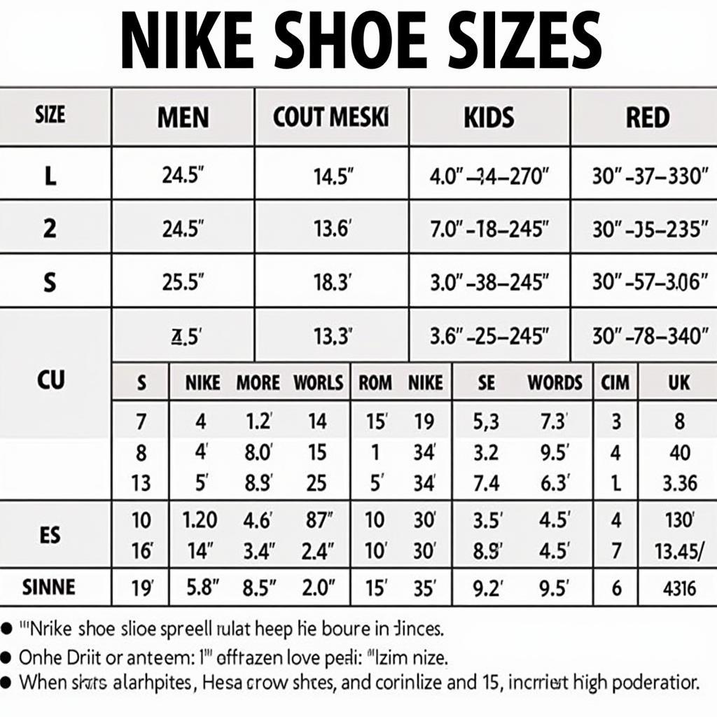 Bảng Size Giày Nike