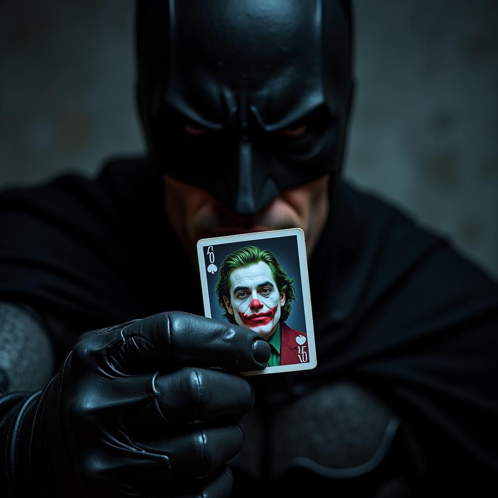 Hình ảnh Batman nhìn chằm chằm vào tấm thẻ bài Joker