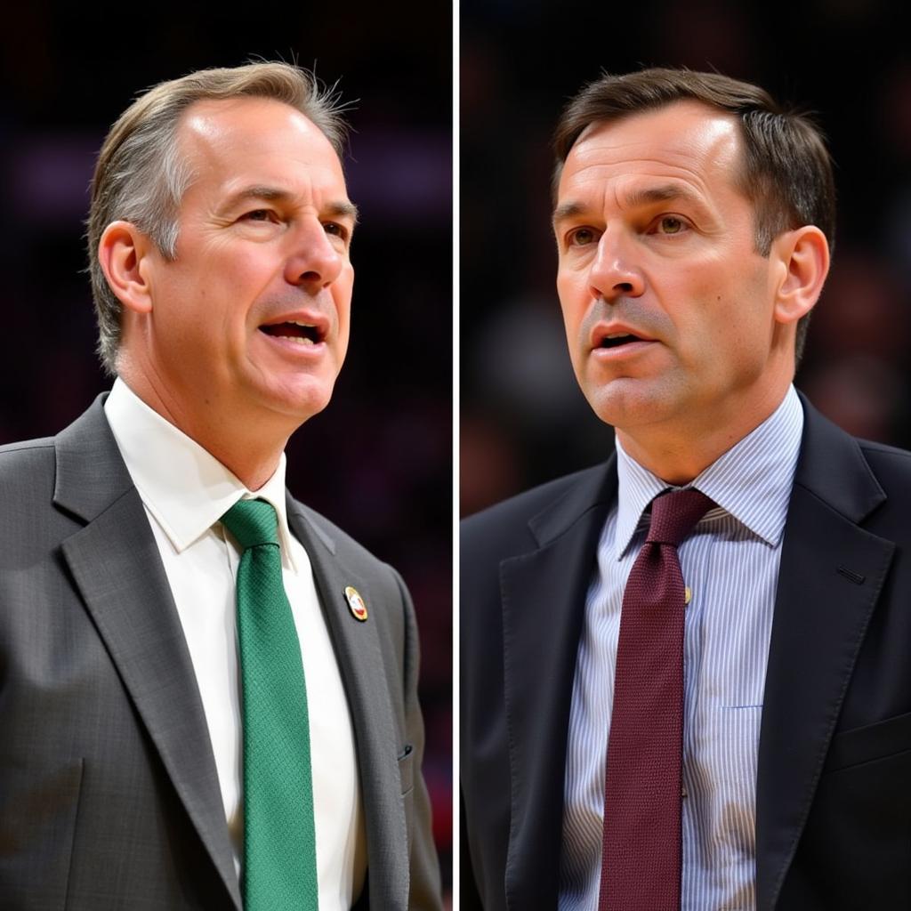 Huấn luyện viên Brad Stevens và Tyronn Lue trong một tình huống căng thẳng