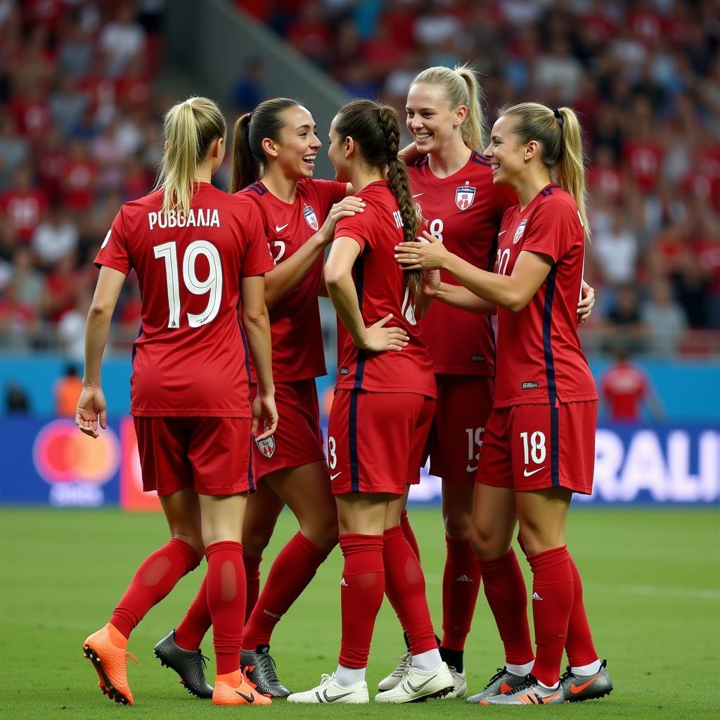 Canadian women's soccer team celebrating a victory at the World Cup