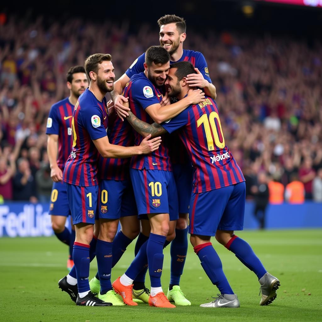 Các cầu thủ Barcelona ăn mừng chiến thắng trước Lyon