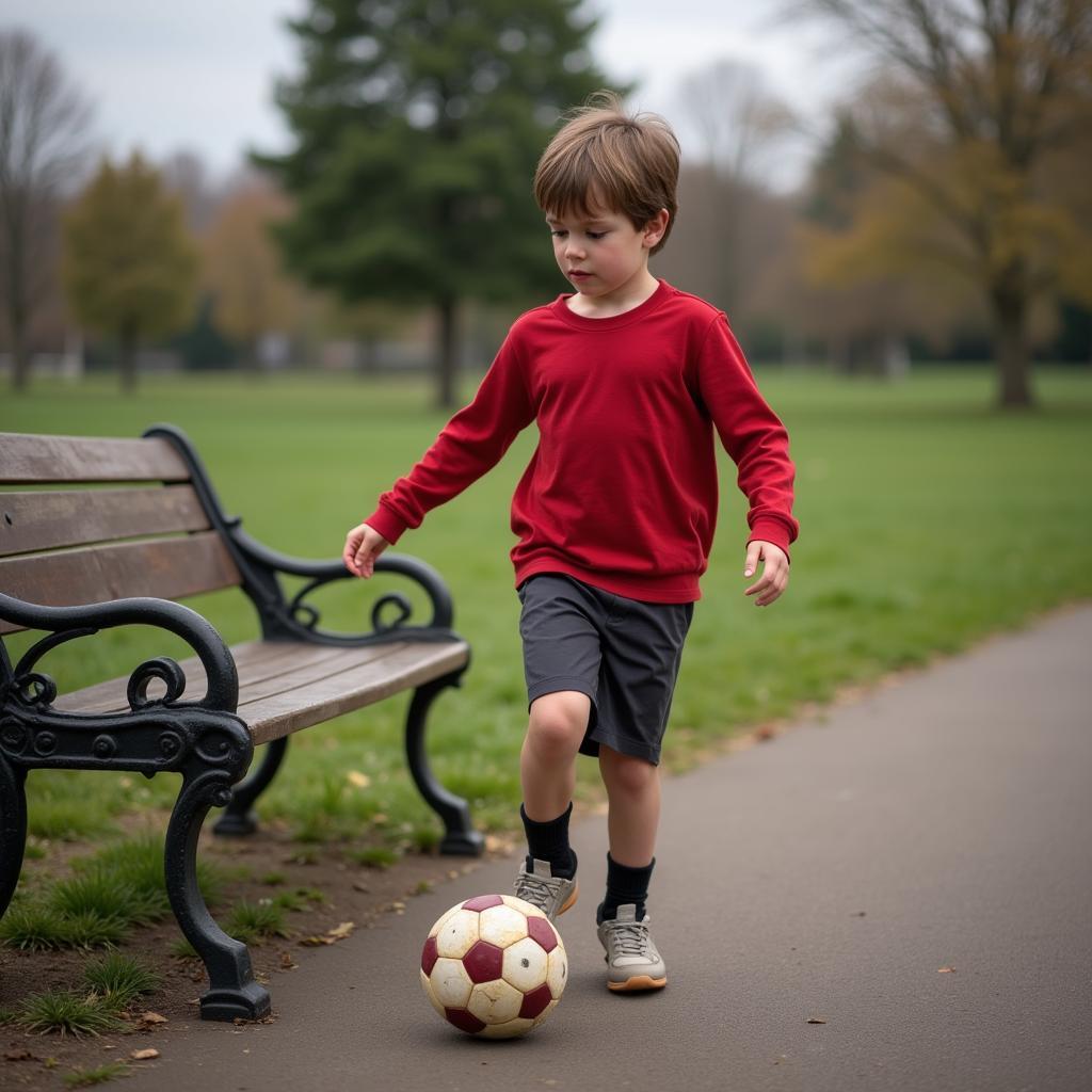 Young aspiring football player practicing at the park bench