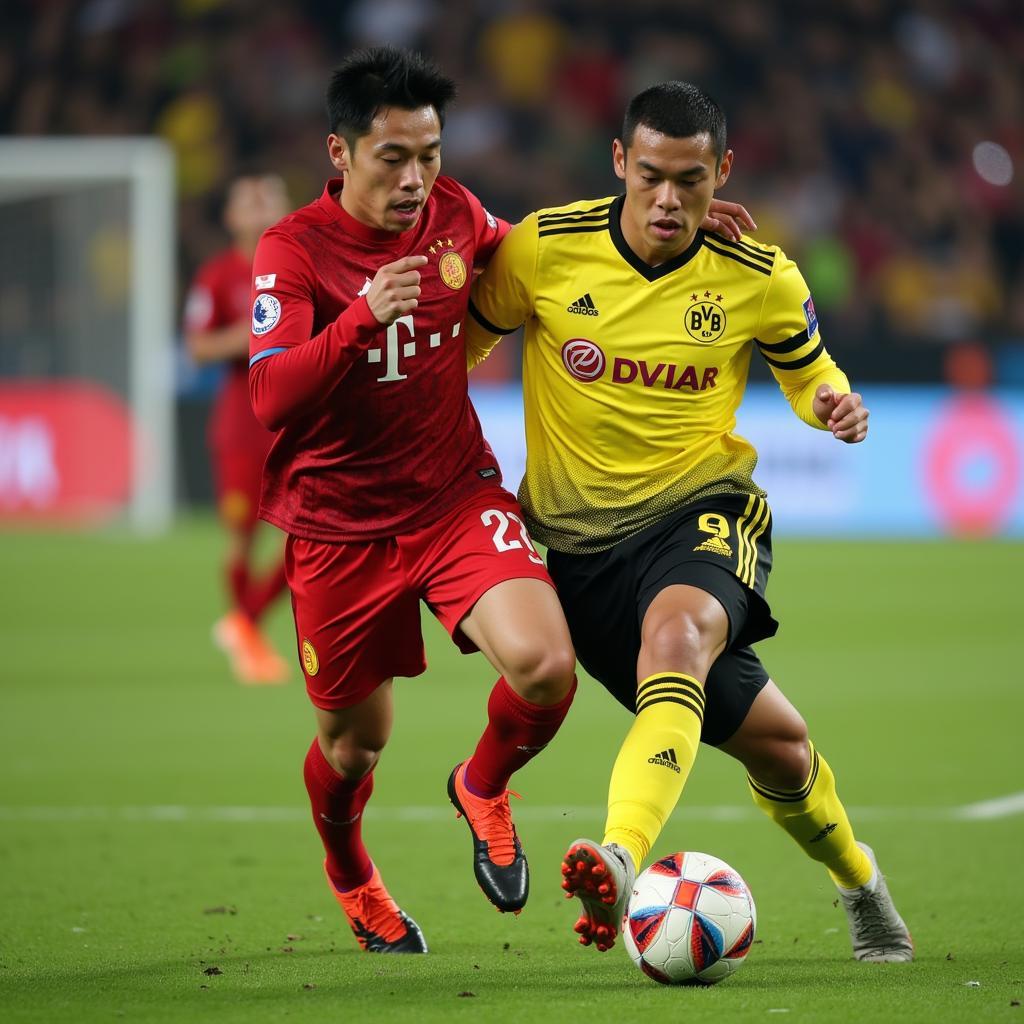 Cầu thủ Việt Nam và Dortmund tranh chấp bóng