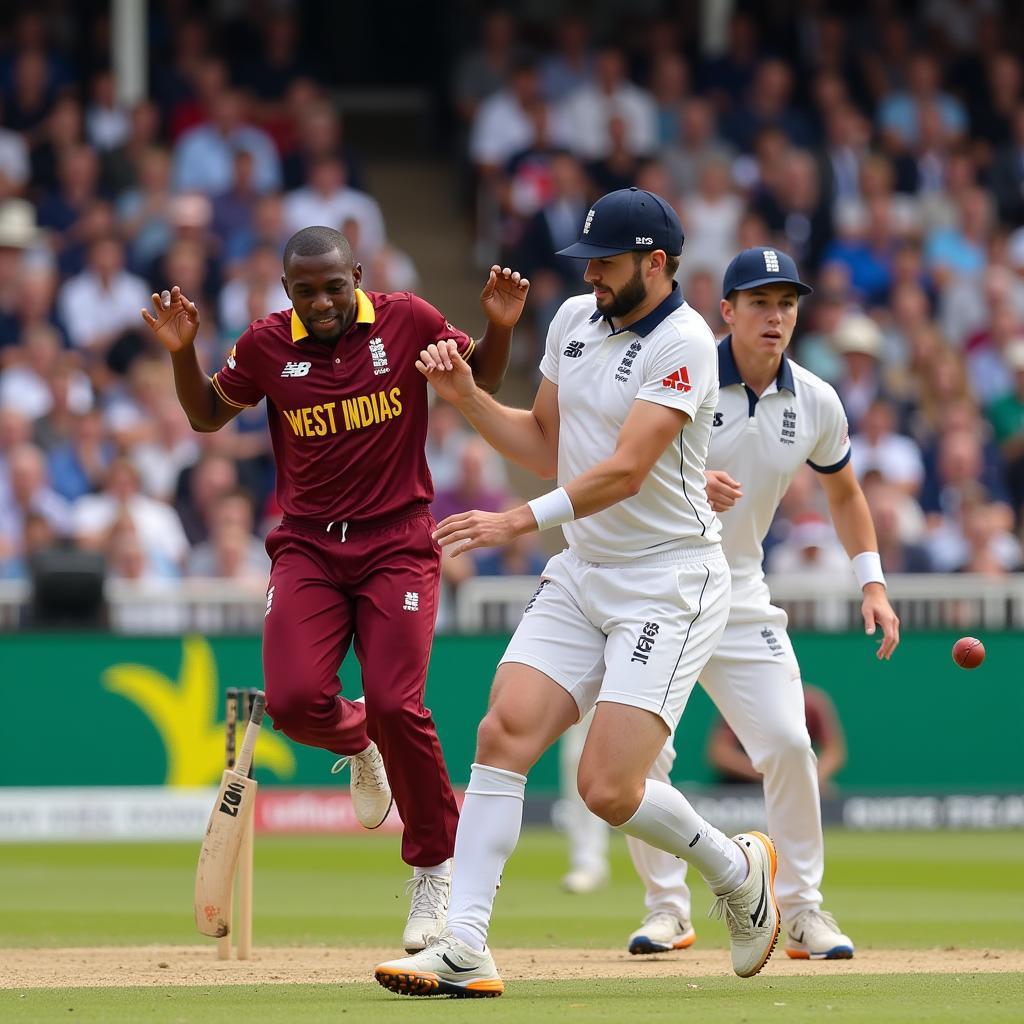 Cầu thủ West Indies và England tranh chấp bóng