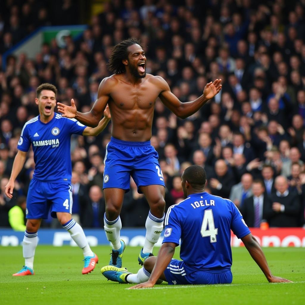 Didier Drogba ăn mừng bàn thắng gỡ hòa 4-4 cho Chelsea trước Liverpool