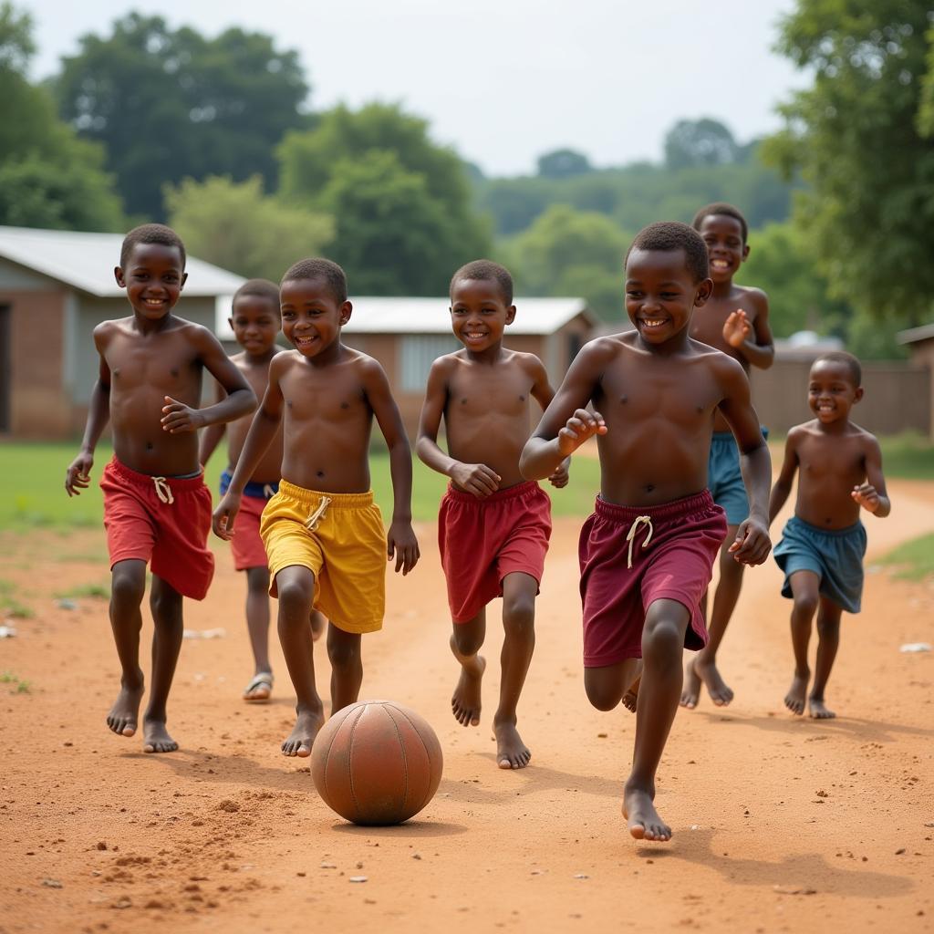 Children playing football on a dusty field