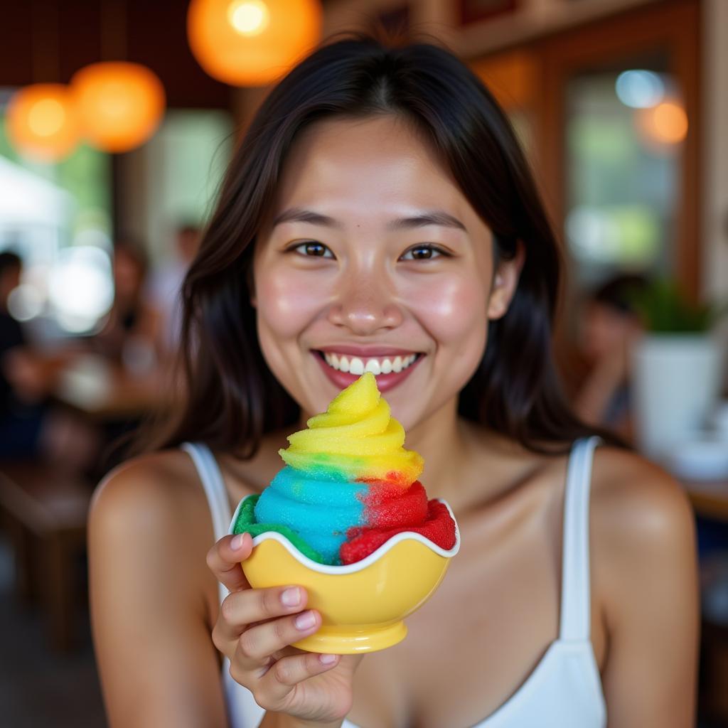 A young woman enjoying Thai shaved ice