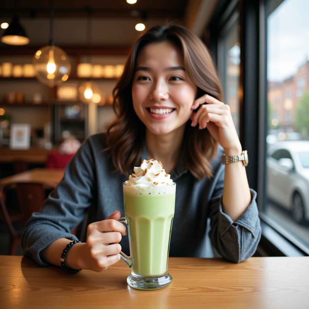 Cô gái đang uống matcha đá xay