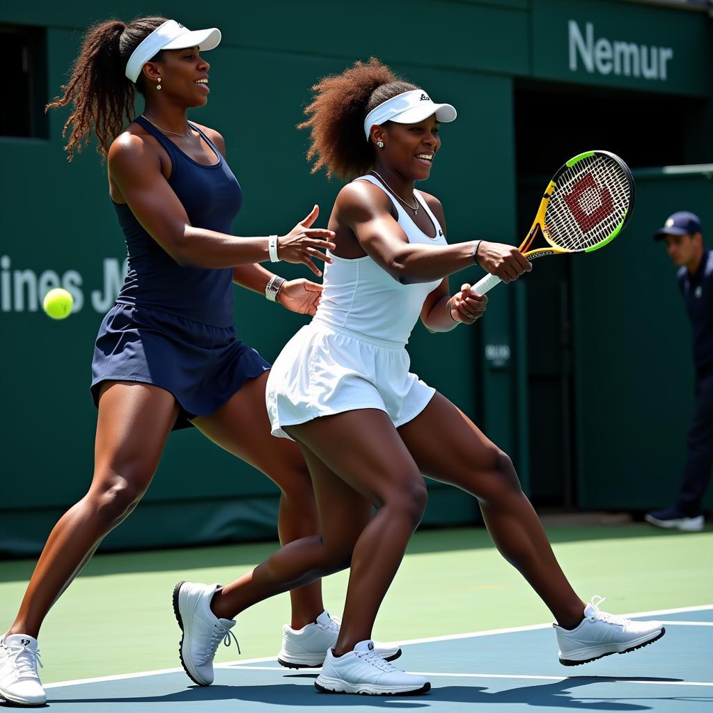 Cori Gauff và Venus Williams trong một pha đôi công căng thẳng