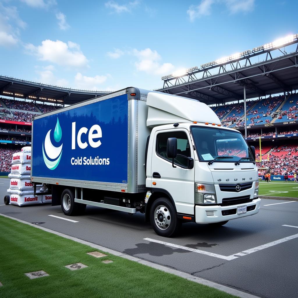 A delivery truck delivering ice to a football stadium