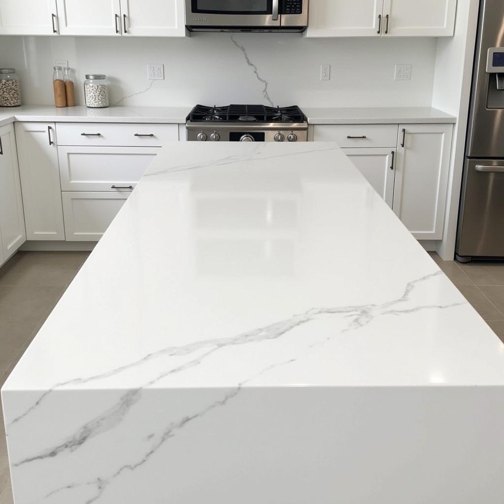 White quartz countertop kitchen island