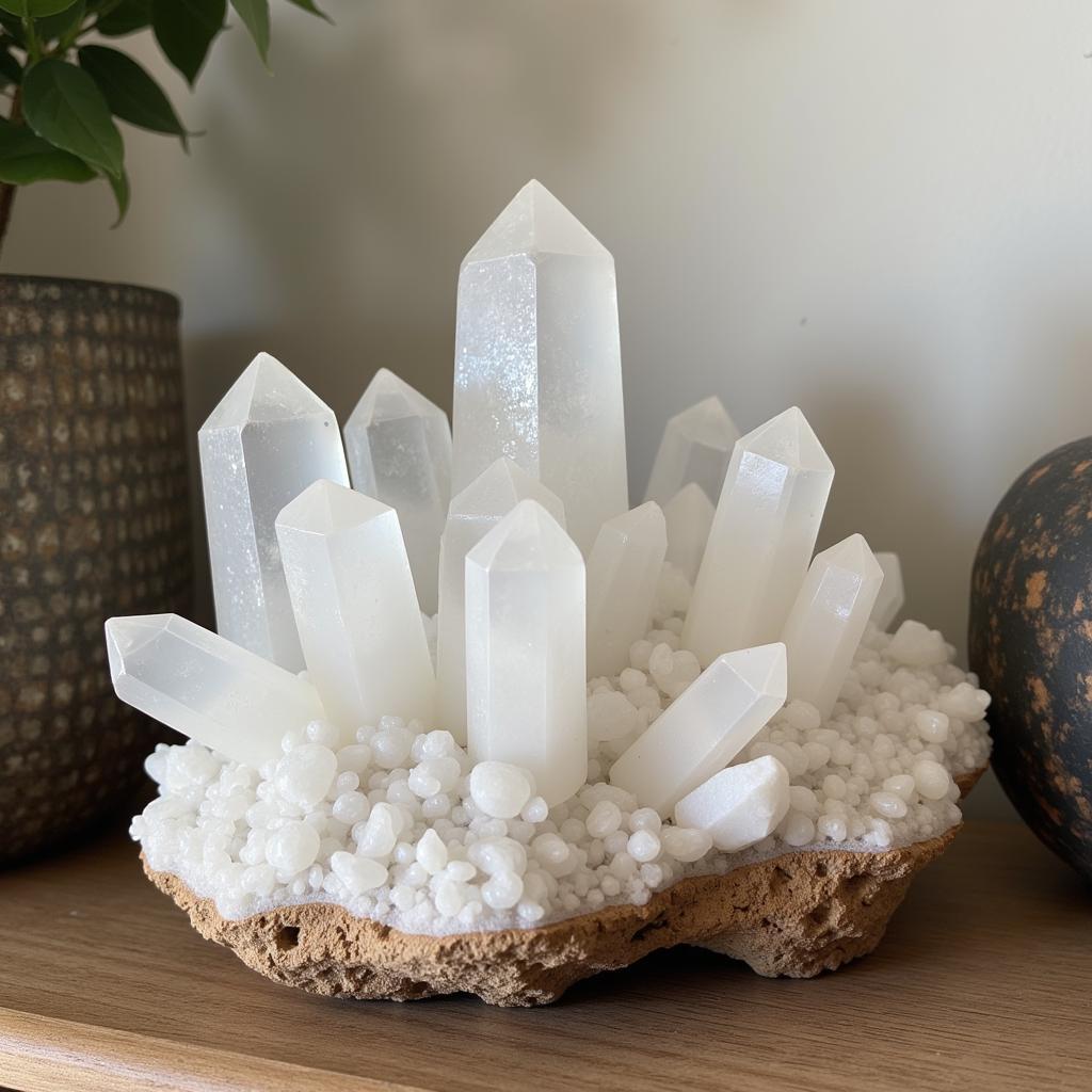 White quartz crystal cluster on a wooden shelf