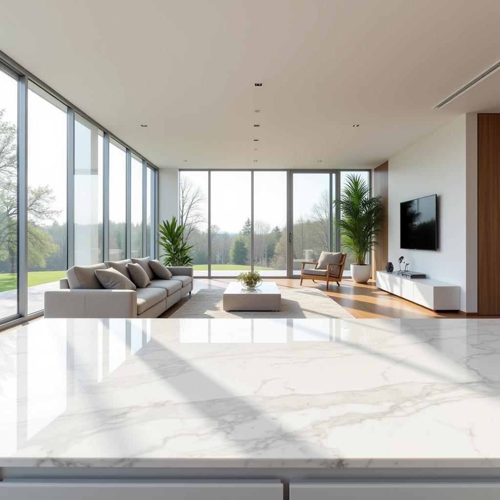 White artificial marble countertops in a modern living room