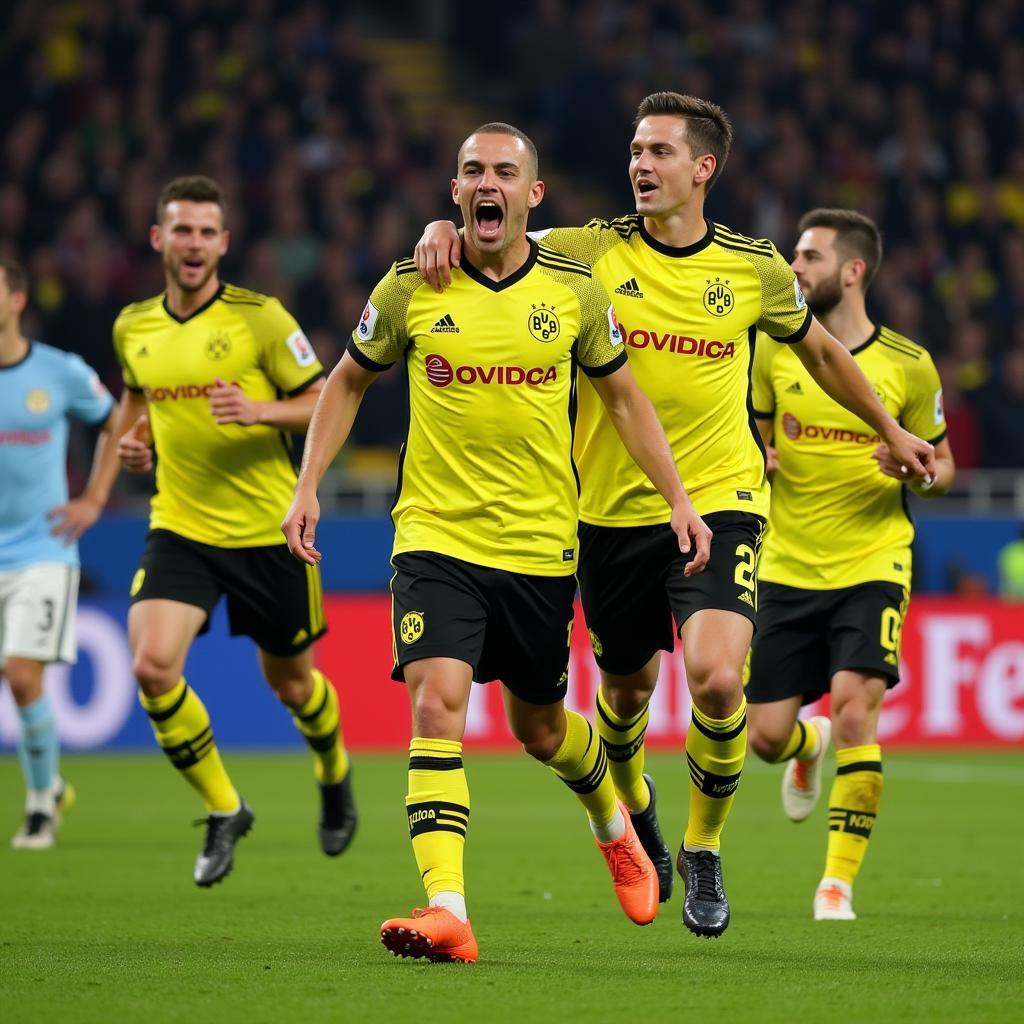 Đội hình Borussia Dortmund - Các cầu thủ Dortmund ăn mừng bàn thắng vào lưới đối thủ.