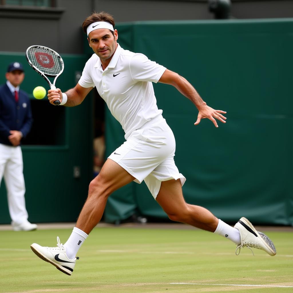 Federer thực hiện cú trả bóng uy lực trong trận chung kết Wimbledon 2017