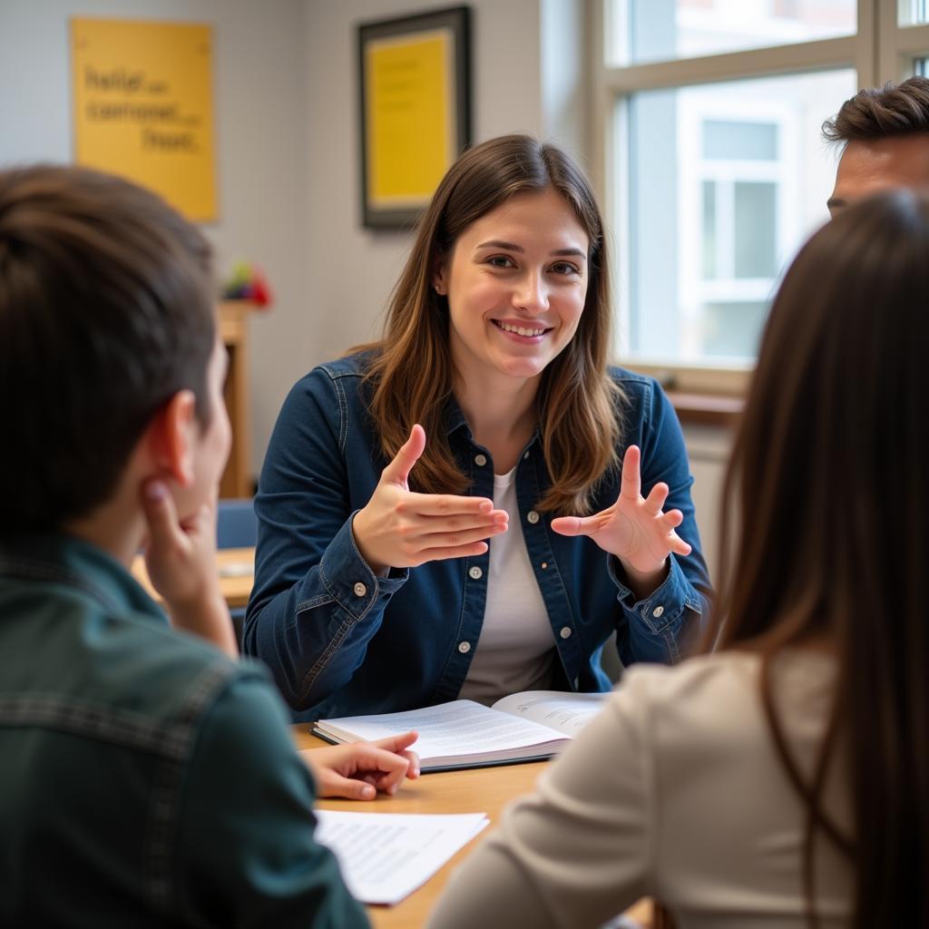 Teacher guiding students in a classroom setting