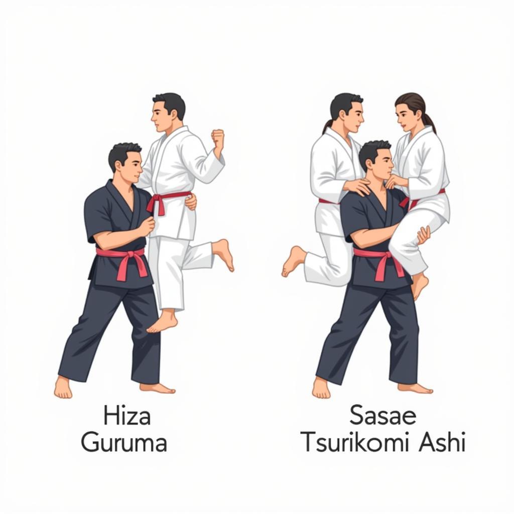 So sánh Hiza Guruma vs Sasae Tsurikomi Ashi