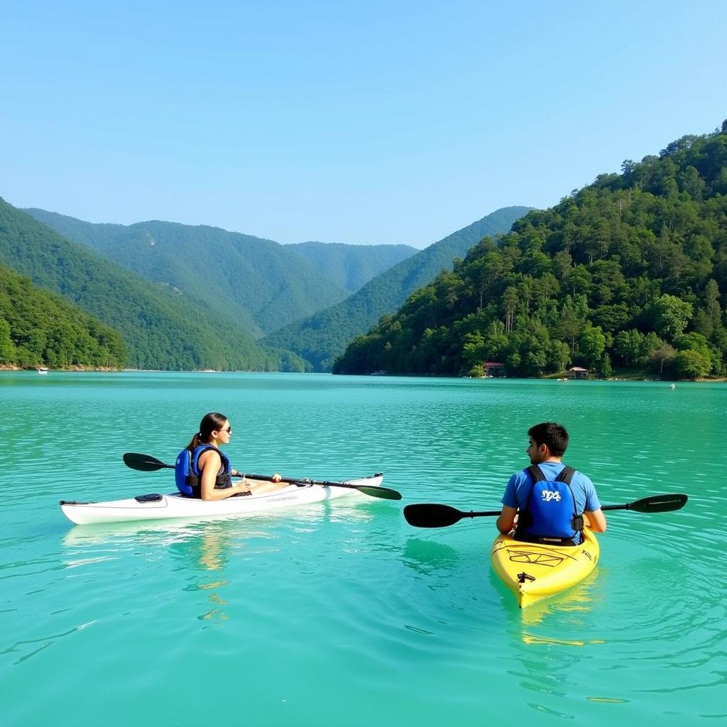 Du khách chèo thuyền kayak trên Hồ Đá Xanh Đà Lạt