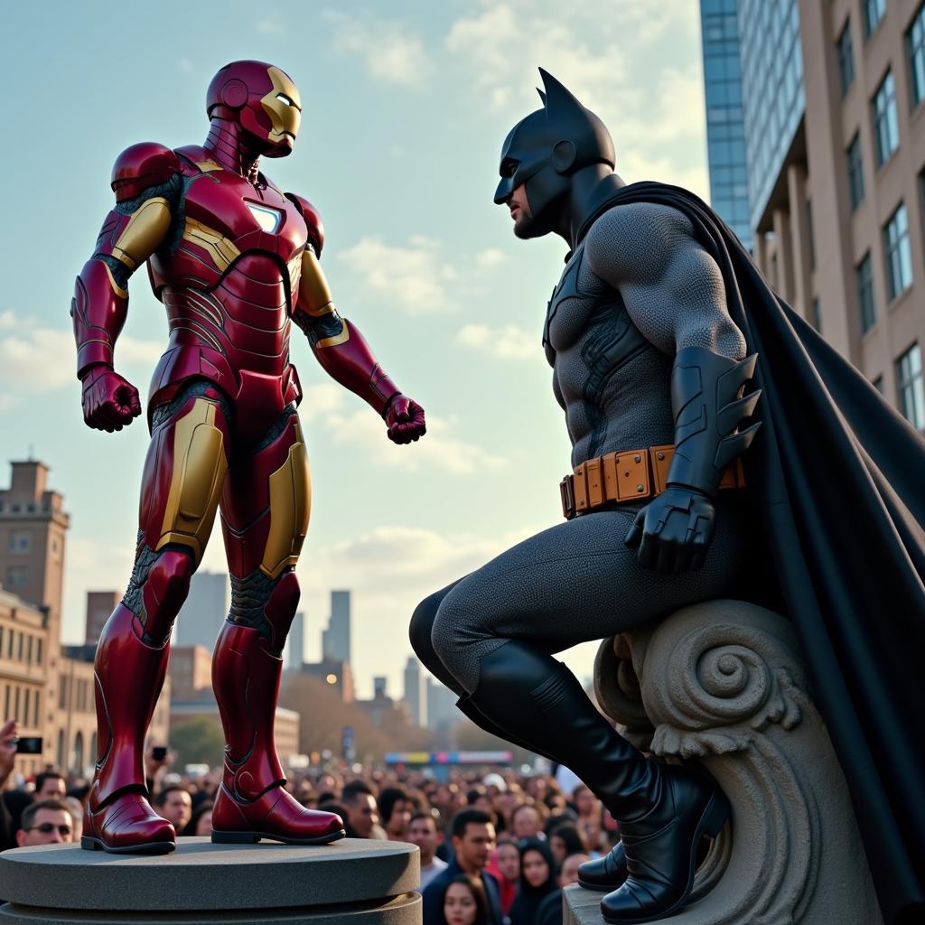 Iron Man addressing a crowd as a public figure, while Batman hides in the shadows as a silent guardian