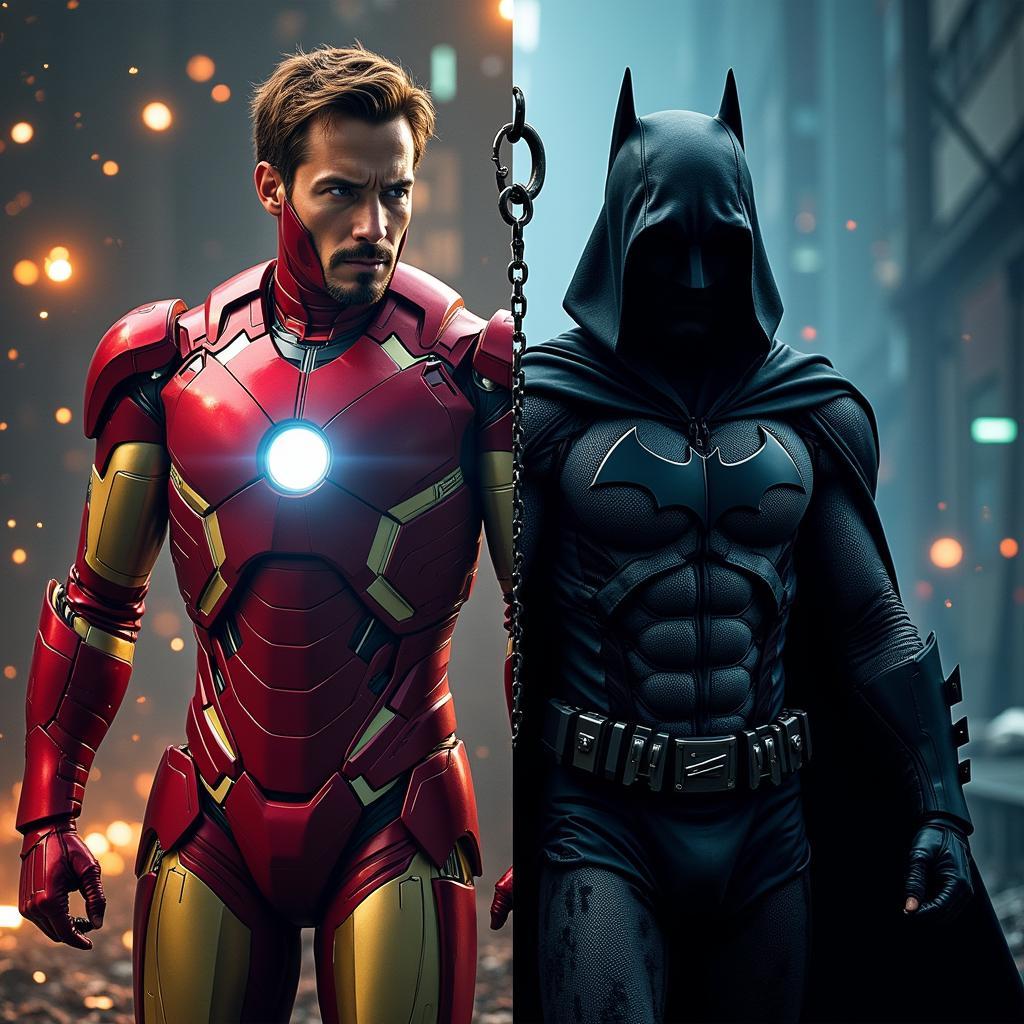 Iron Man and Batman facing each other, representing technology vs. morality