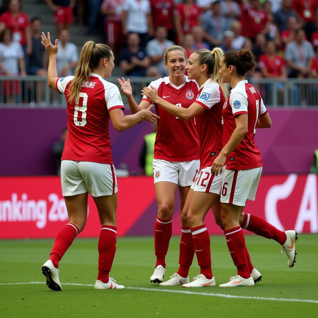 Canadian women's national soccer team celebrating a goal at the Olympics