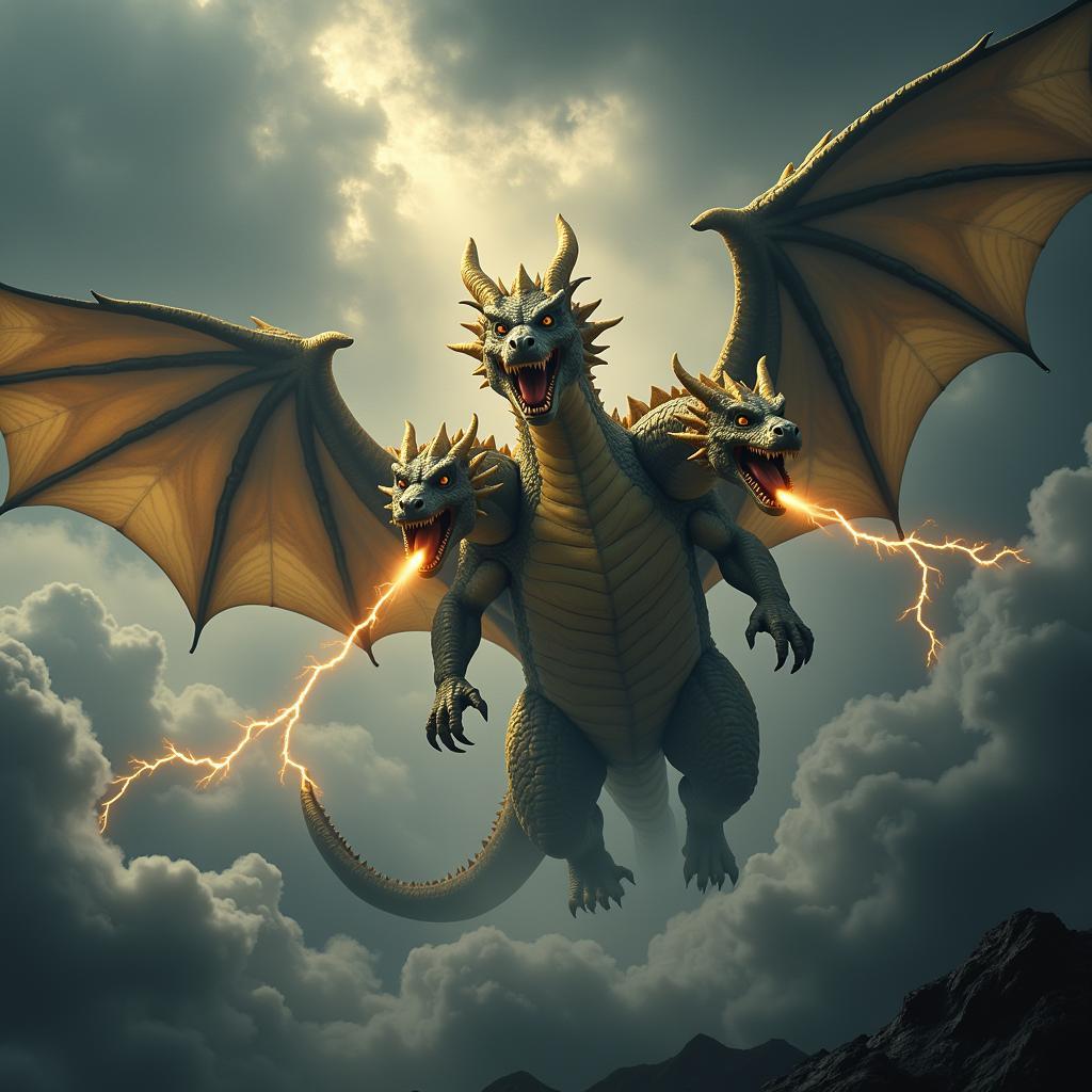 King Ghidorah bay trên bầu trời