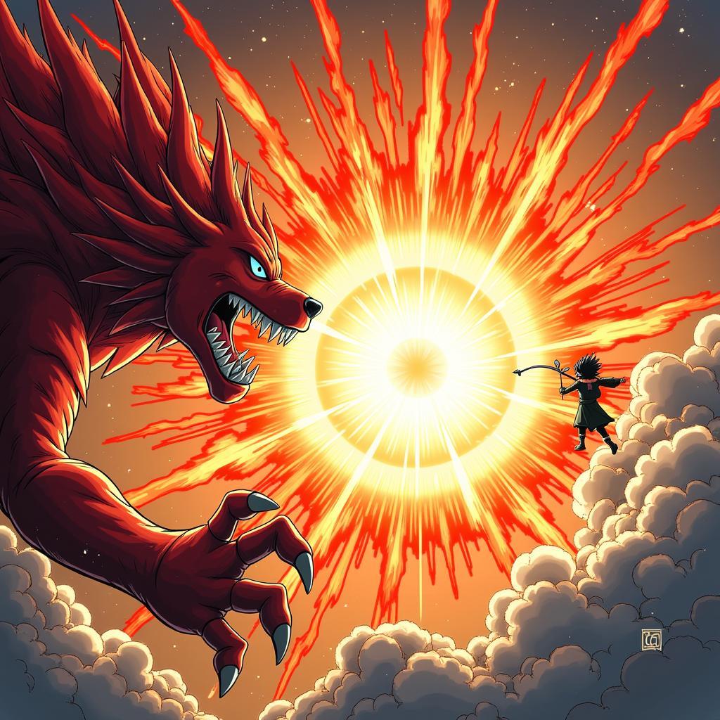 Kurama's Tailed Beast Bomb Collides with Susanoo's Arrow