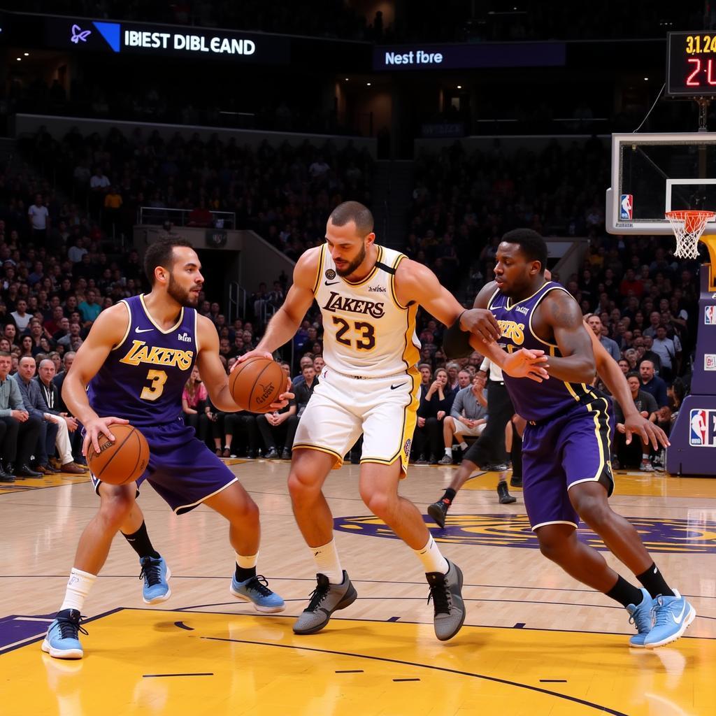 Cầu thủ Lakers và Nuggets tranh chấp bóng