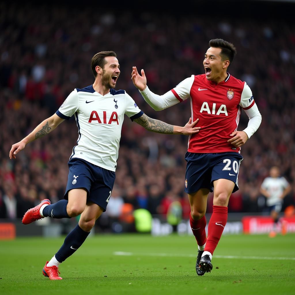 Cầu thủ Harry Kane và Son Heung-min ăn mừng bàn thắng trong trận đấu Live vs Tottenham