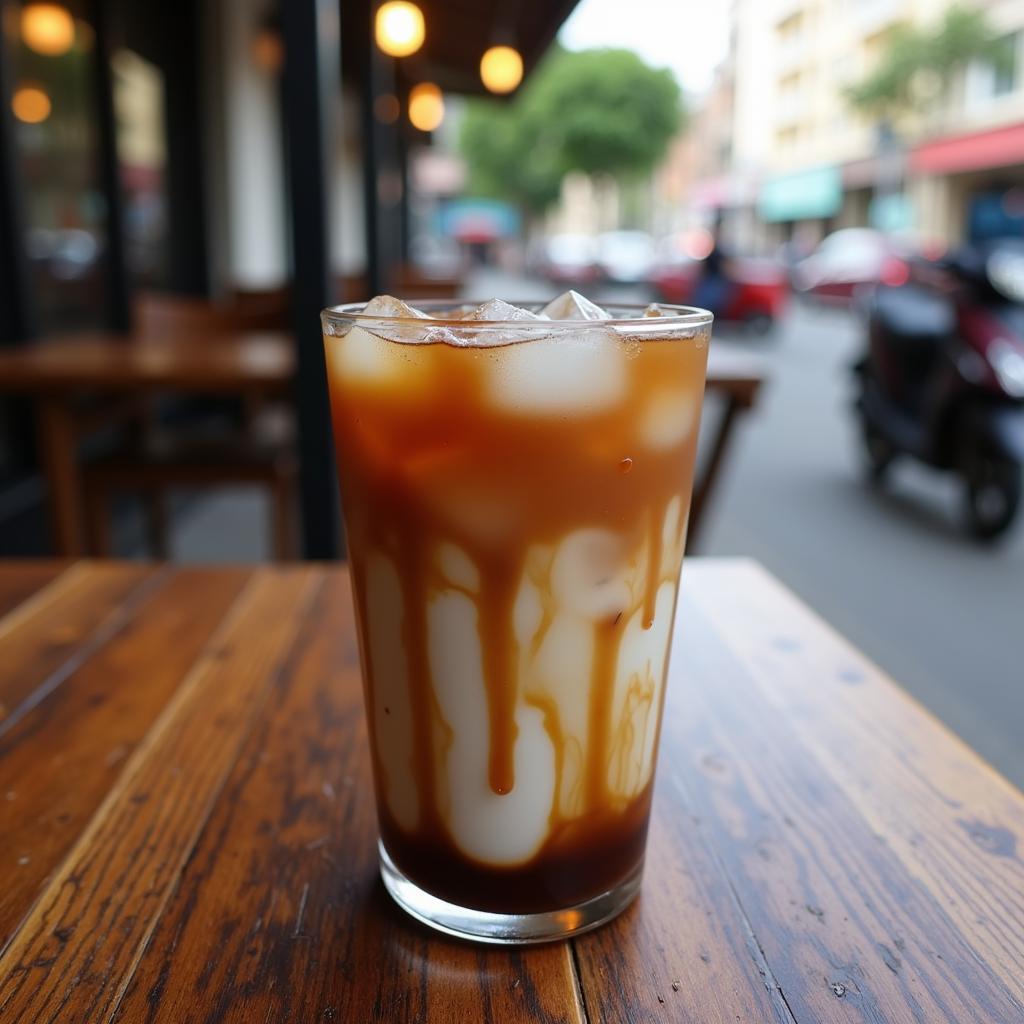 Ly background coffee đá đặt trên bàn gỗ