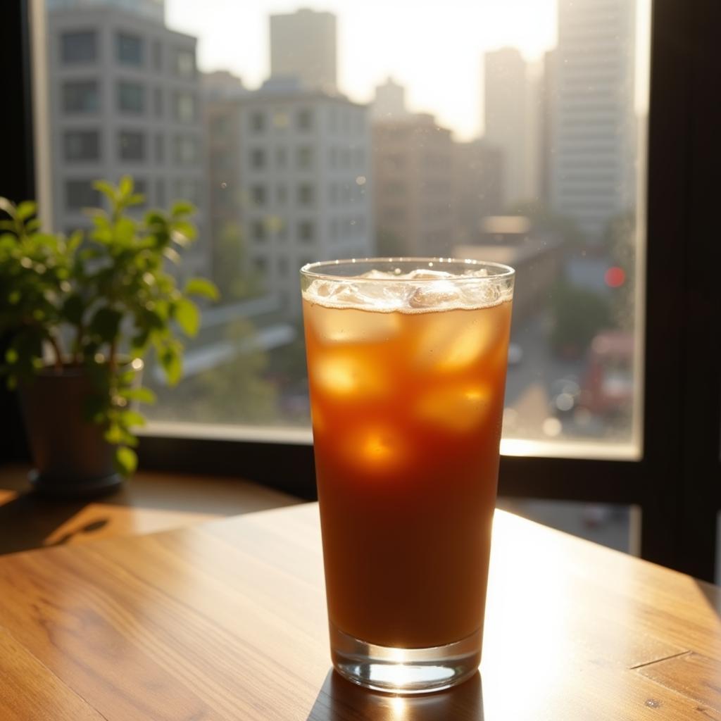 A glass of Vietnamese iced coffee by the window