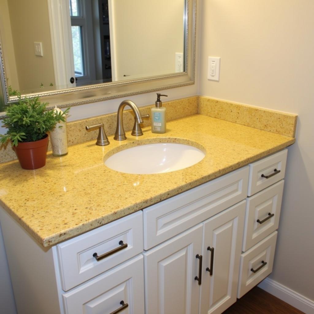 Mặt bàn lavabo đá granite màu vàng với chậu rửa âm bàn