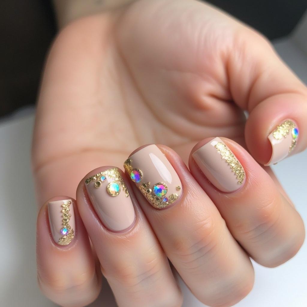 Mẫu Nail Tết Đính Đá Màu Nude Sang Trọng