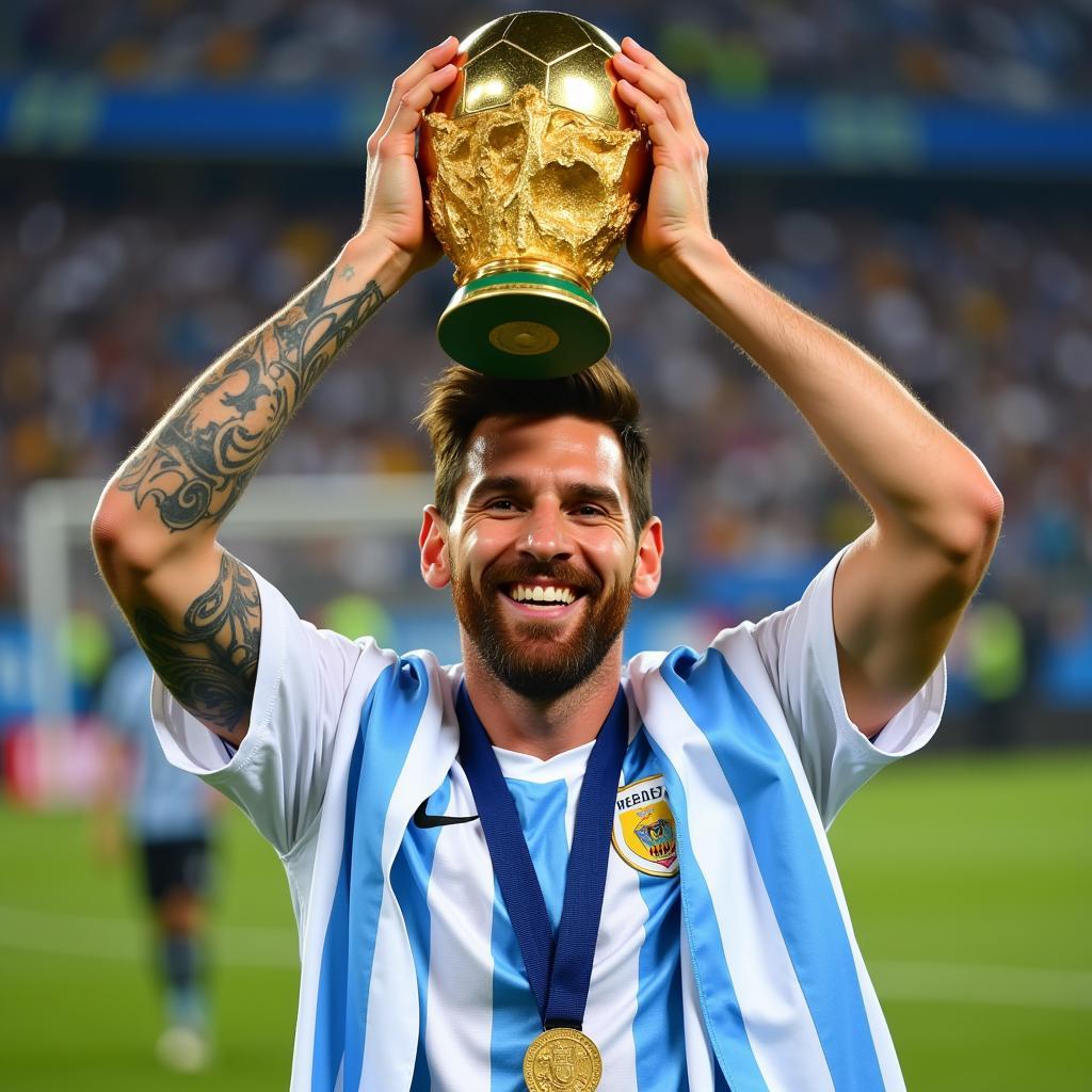 Lionel Messi hoists the World Cup trophy