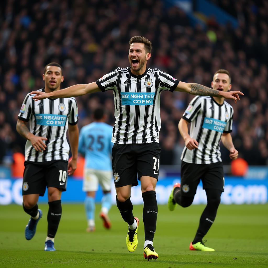 Cầu thủ Newcastle ăn mừng bàn thắng tại sân Etihad