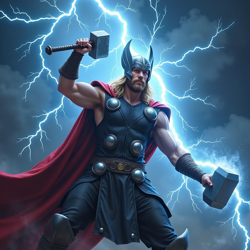 Thor điều khiển sấm sét với cây búa Mjolnir trong tay