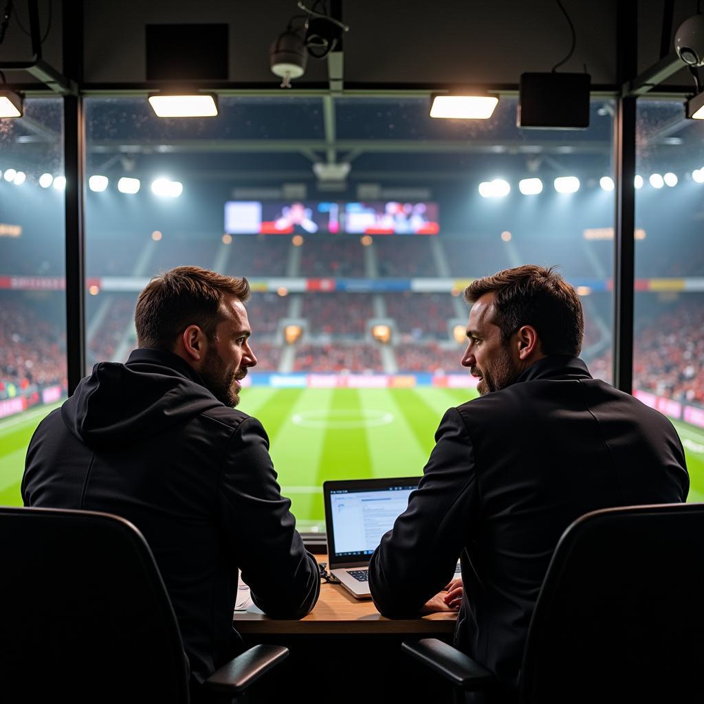 Commentator booth during a live Bundesliga broadcast