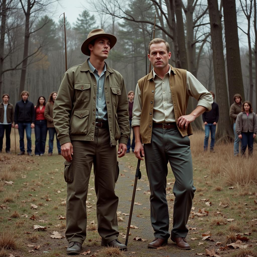 Tucker and Dale, looking confused and holding fishing rods, stand in front of their dilapidated cabin as a group of terrified college students look on from the woods