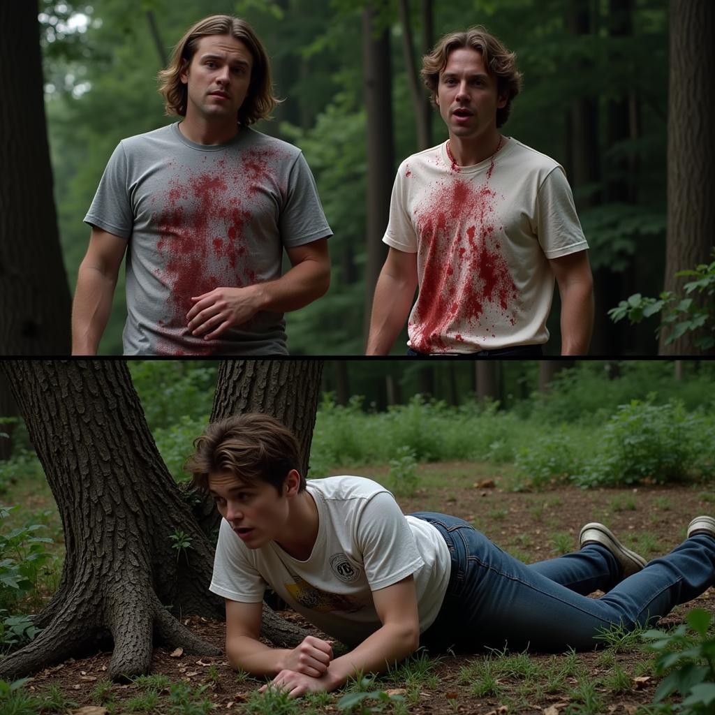 Tucker and Dale, covered in blood, look on in bewilderment as a college student accidentally impales himself on a branch