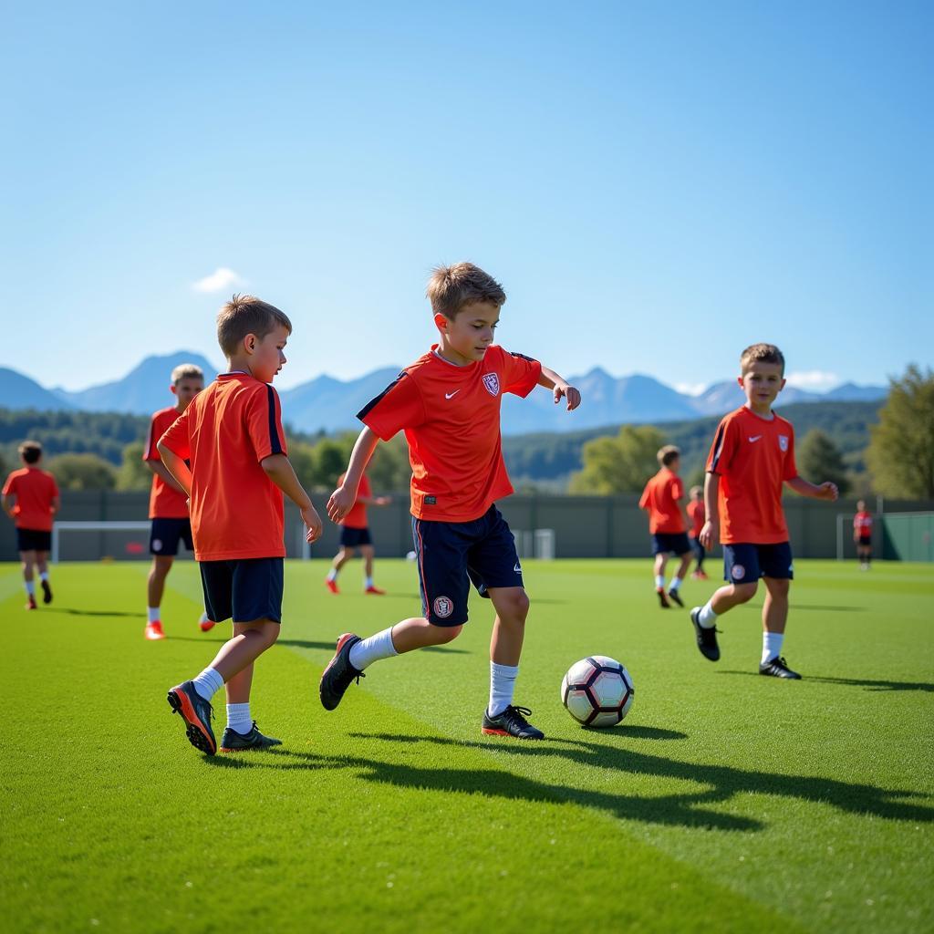 Young Austrian footballers training on a sunny day