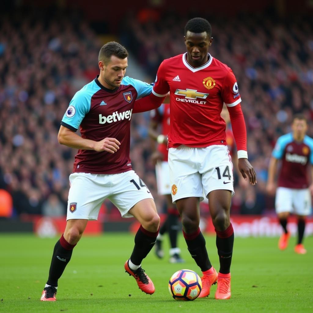 Cầu thủ hai đội tranh chấp bóng quyết liệt trong trận đấu West Ham vs MU