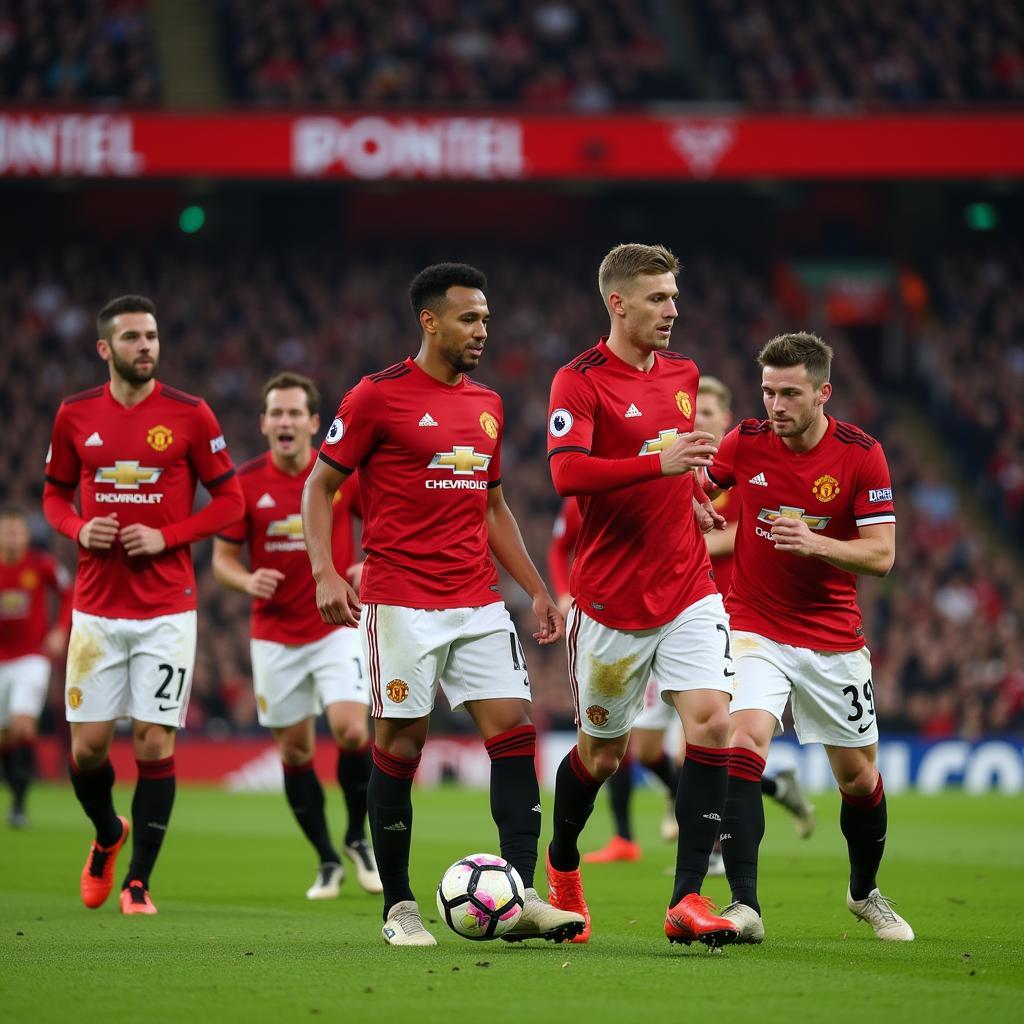 Áo bóng đá màu đỏ Manchester United trên sân cỏ Old Trafford