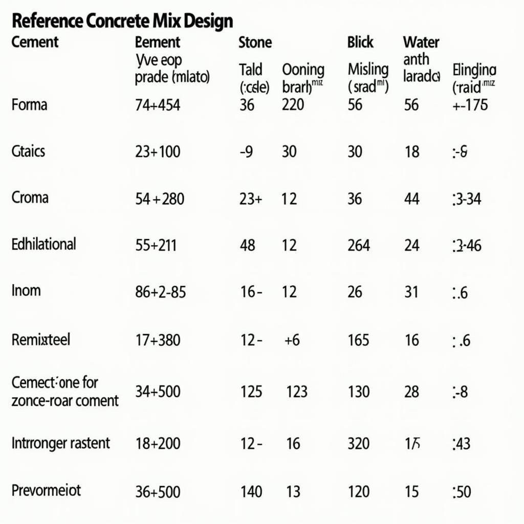 Bảng phối trộn bê tông tham khảo: Hình ảnh một bảng phối trộn bê tông tham khảo, hiển thị tỉ lệ các thành phần như xi măng, cát, đá và nước cho các mác bê tông khác nhau.