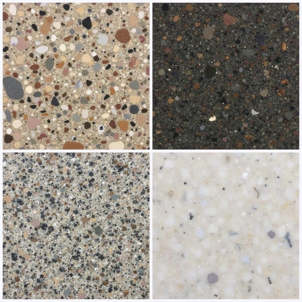 Các loại đá mặt bàn ăn phổ biến như granite, marble, quartz với màu sắc và vân đá đa dạng.