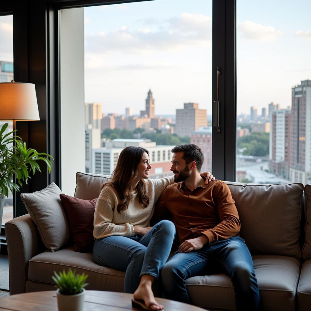 Couple relaxing on sofa in modern apartment