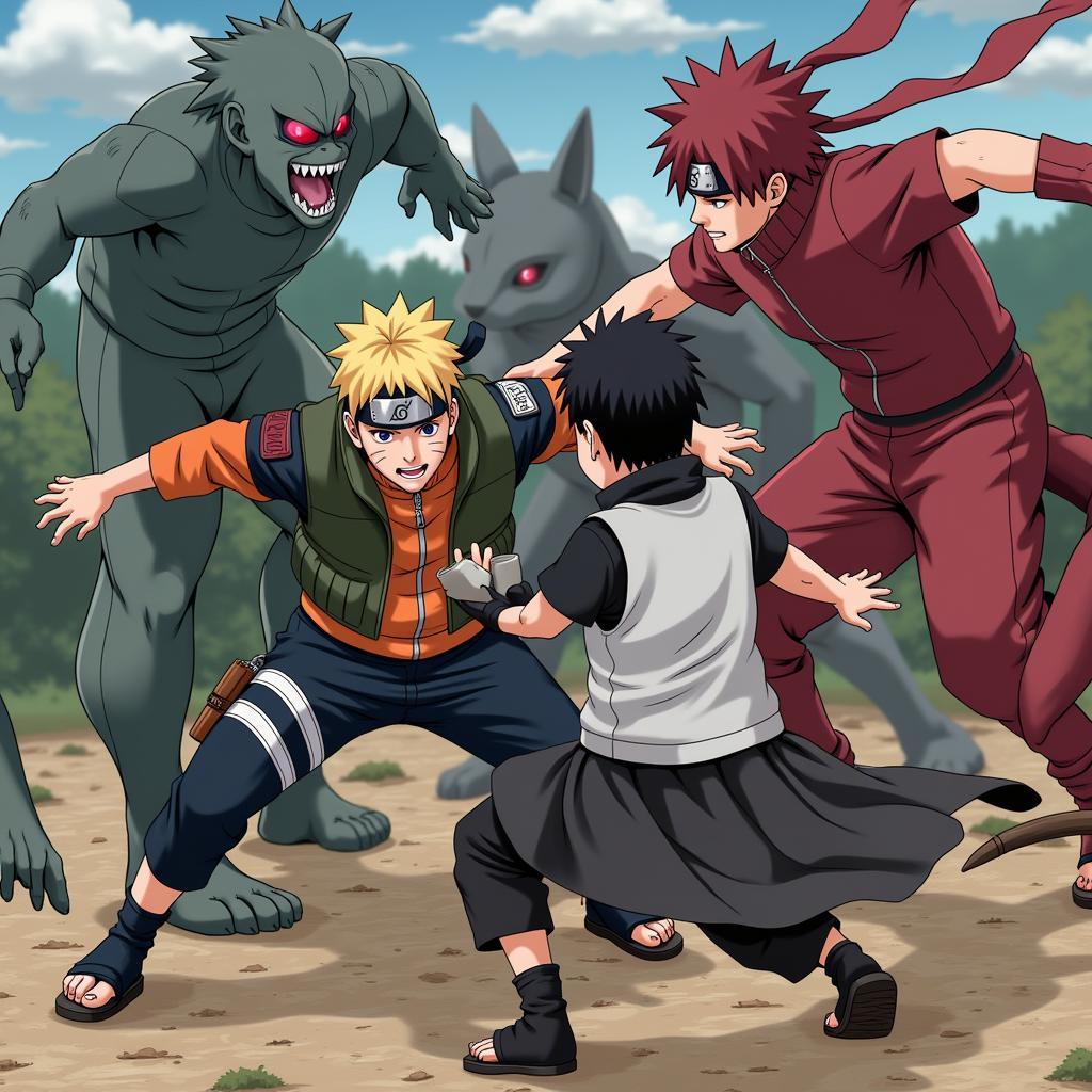 Đồng đội hỗ trợ Naruto chiến đấu với Tam Vĩ