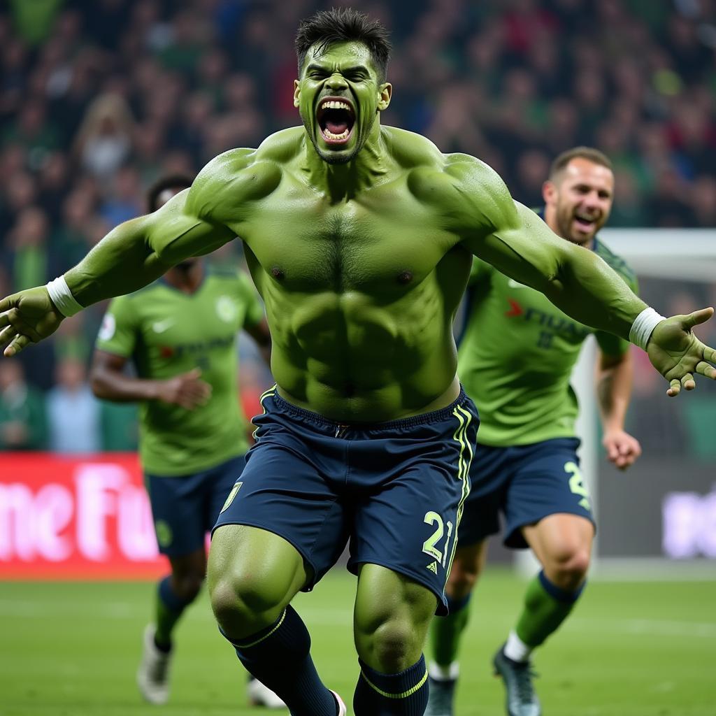 Hulk ăn mừng bàn thắng theo phong cách đặc trưng của mình, thể hiện sự mạnh mẽ và niềm vui chiến thắng.